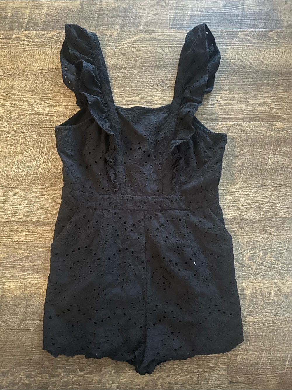 Black Eyelet Ruffle Strap Women’s One-Piece Romper